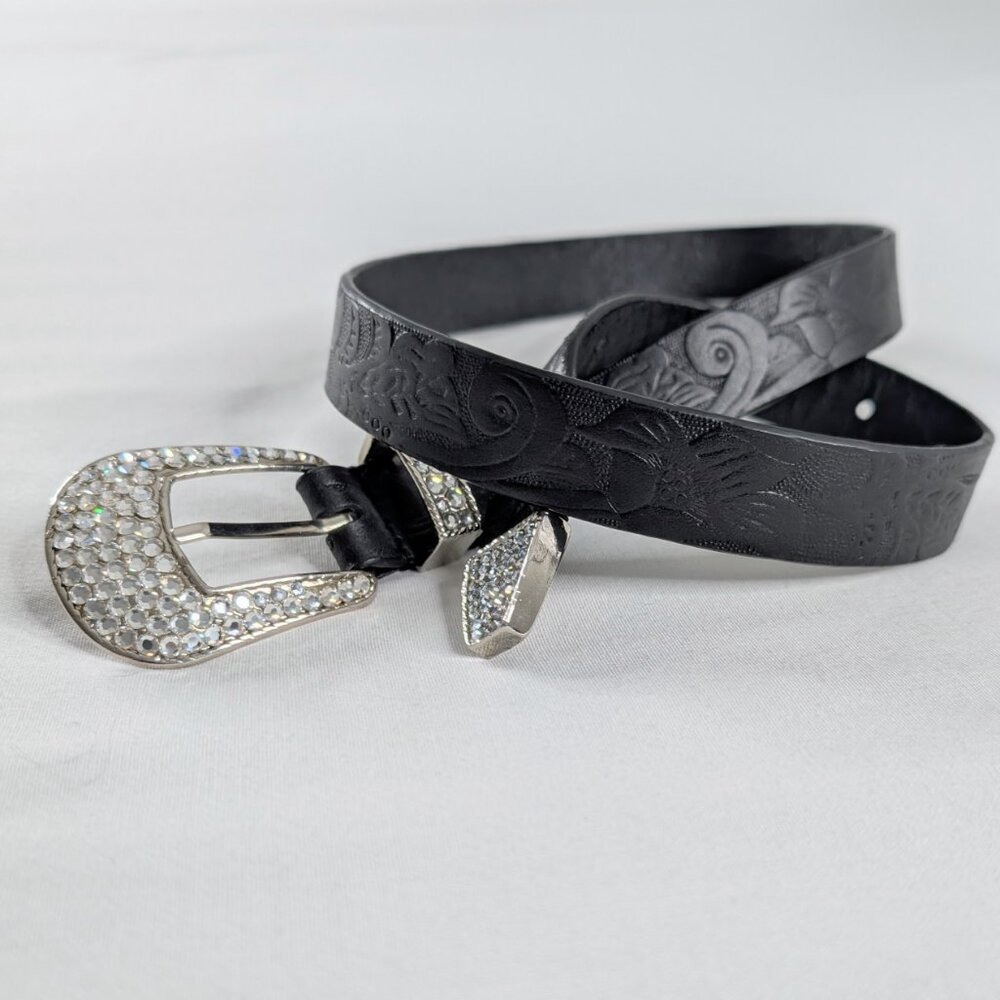 Black Tooled Leather Silver Studded Buckle Western Belt